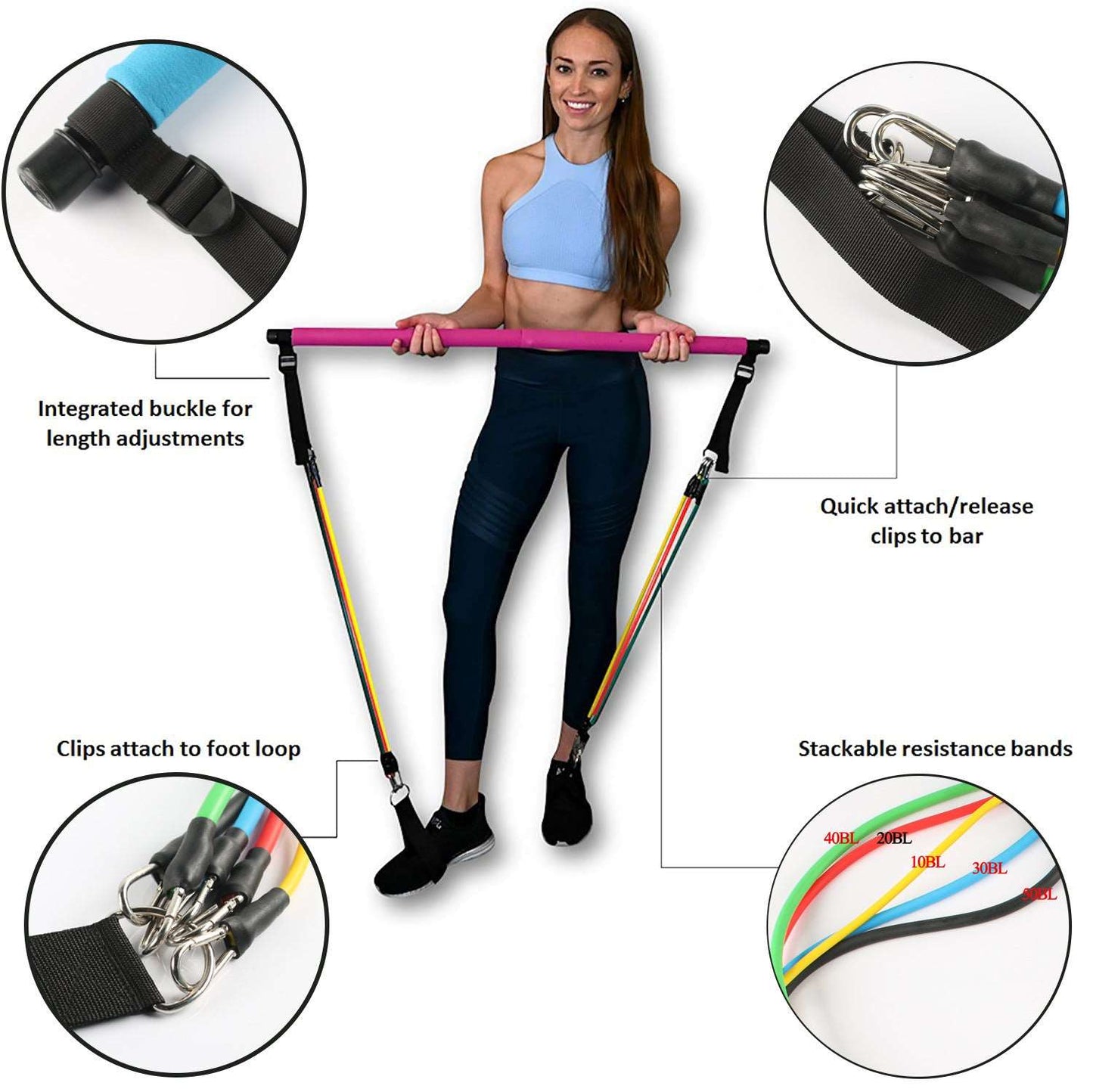 Pilates Bar with Elastic Bodybuilding Resistance Bands